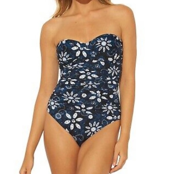NWT Bleu‎ by Rod Beattie Take a Dip Bandeau 1-Piece Size 6 Navy Blue Floral - Picture 1 of 8